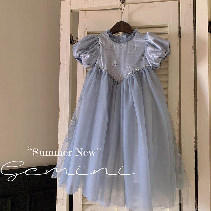 英国Next Naive韩版公主裙蓝色女童新款童装洋气网纱泡泡袖裙子儿