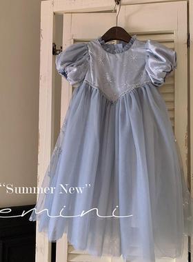 英国Next Naive韩版公主裙蓝色女童新款童装洋气网纱泡泡袖裙子儿