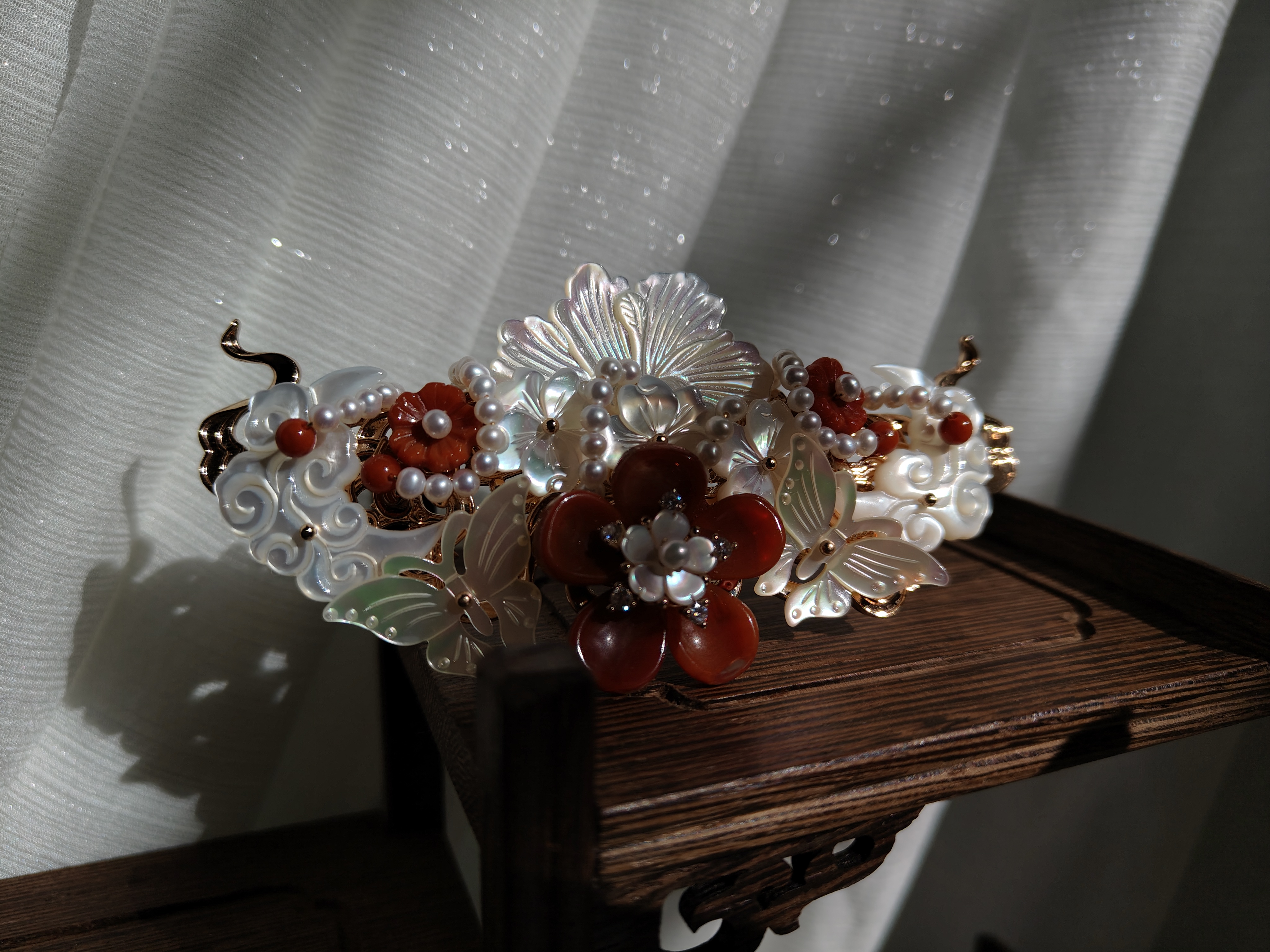 【胖团子】原创汉服配饰南红碟贝发冠