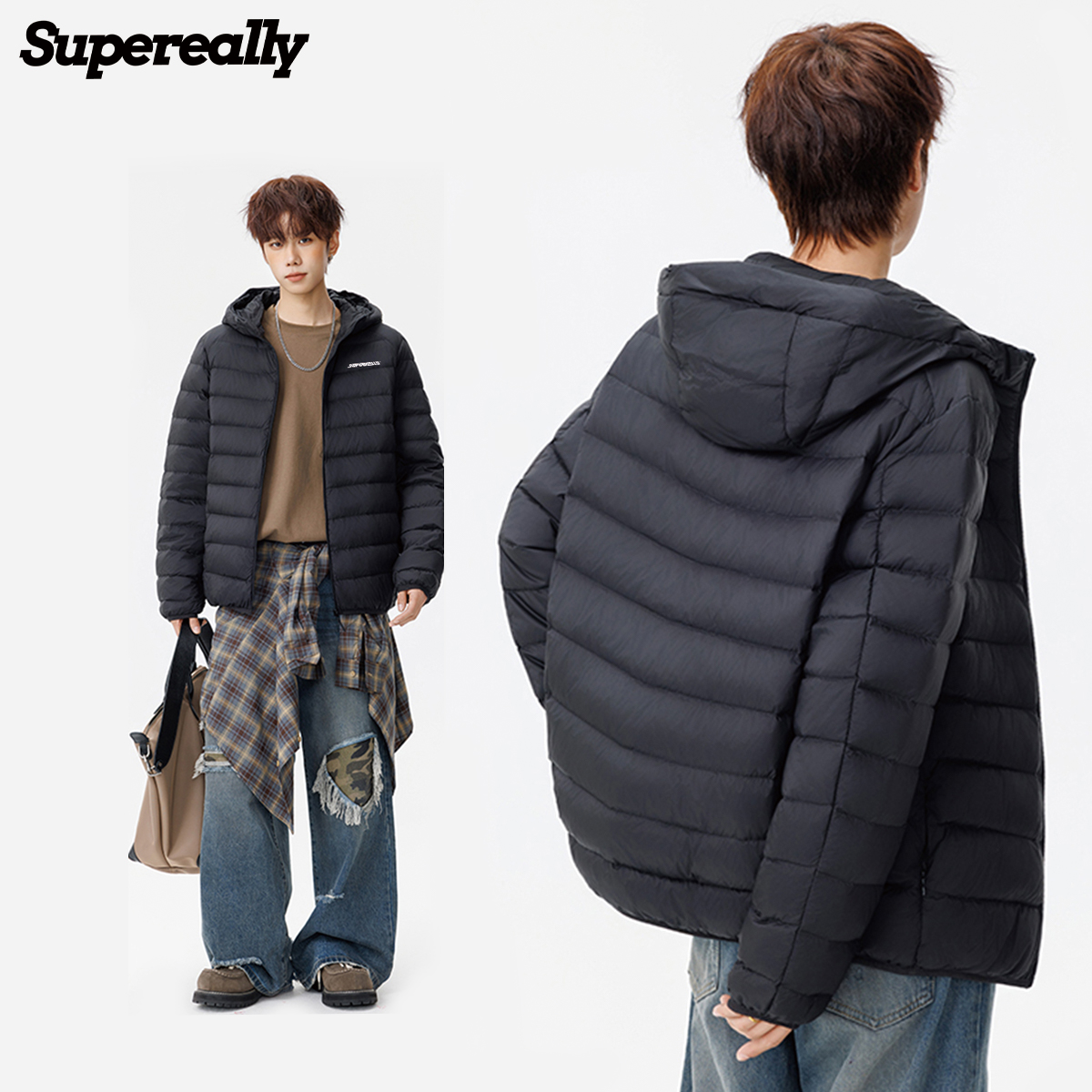 Supereally轻量暖绒美式排骨内胆连帽百搭保暖防冻休闲外套羽绒服