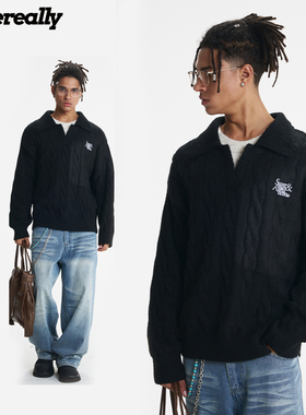 SUPEREALLY 艺人同款 刺绣假两件老钱风美式纯色百搭保暖抗寒毛衣