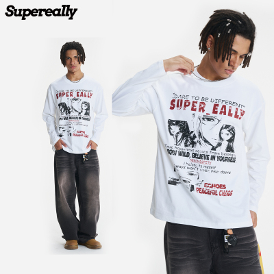 SUPEREALLY 涩谷少女美式印花logo百搭宽松透气长袖T恤