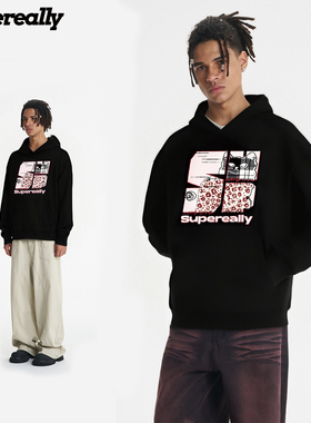 supereally  潮牌个性猫咪拼接印花宽松休闲百搭男女同款连帽卫衣