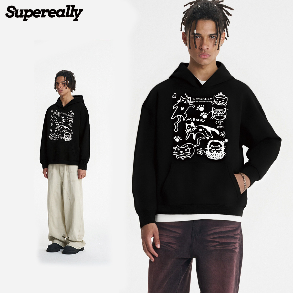 supereally  清融同款潮牌趣味小猫涂鸦宽松休闲减龄百搭连帽卫衣,男装,卫衣,淘宝优惠券,粉丝福利购,淘宝优惠卷