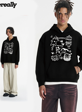 supereally  清融同款潮牌趣味小猫涂鸦宽松休闲减龄百搭连帽卫衣