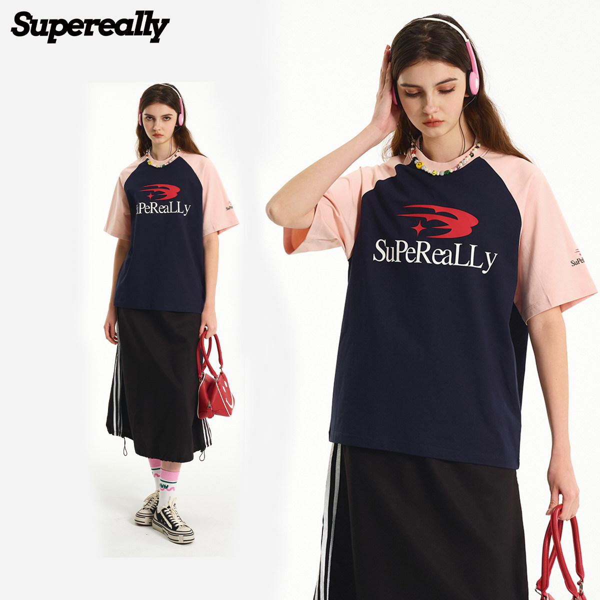 SUPEREALLY 防晒UPF50+短袖插肩撞色T恤