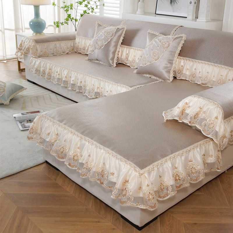 夏季冰藤沙发垫冰丝防滑蕾丝花边凉席垫子沙发套贵妃坐垫定做夏天