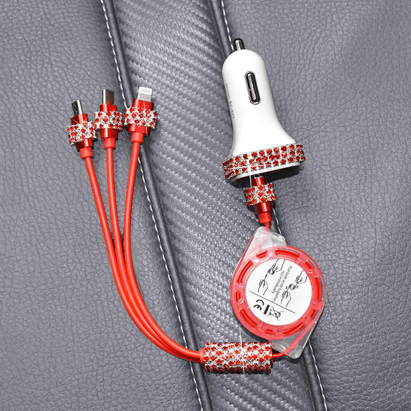 汽车充电器镶钻多功能一拖三快充数据线车载usb点烟器手机充电器