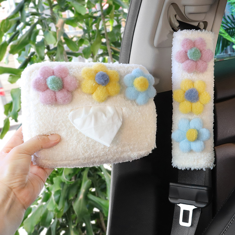 汽车卡通毛绒花朵护肩套纸巾盒