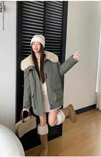 网红同款羊羔毛拼接工装派克服女冬季新款休闲韩版保暖外套棉衣