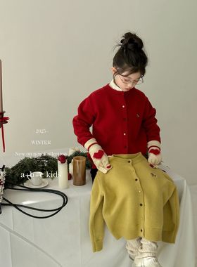 abc男女童装2025年冬季新款韩版宽松年款红色针织毛衣开衫可亲子