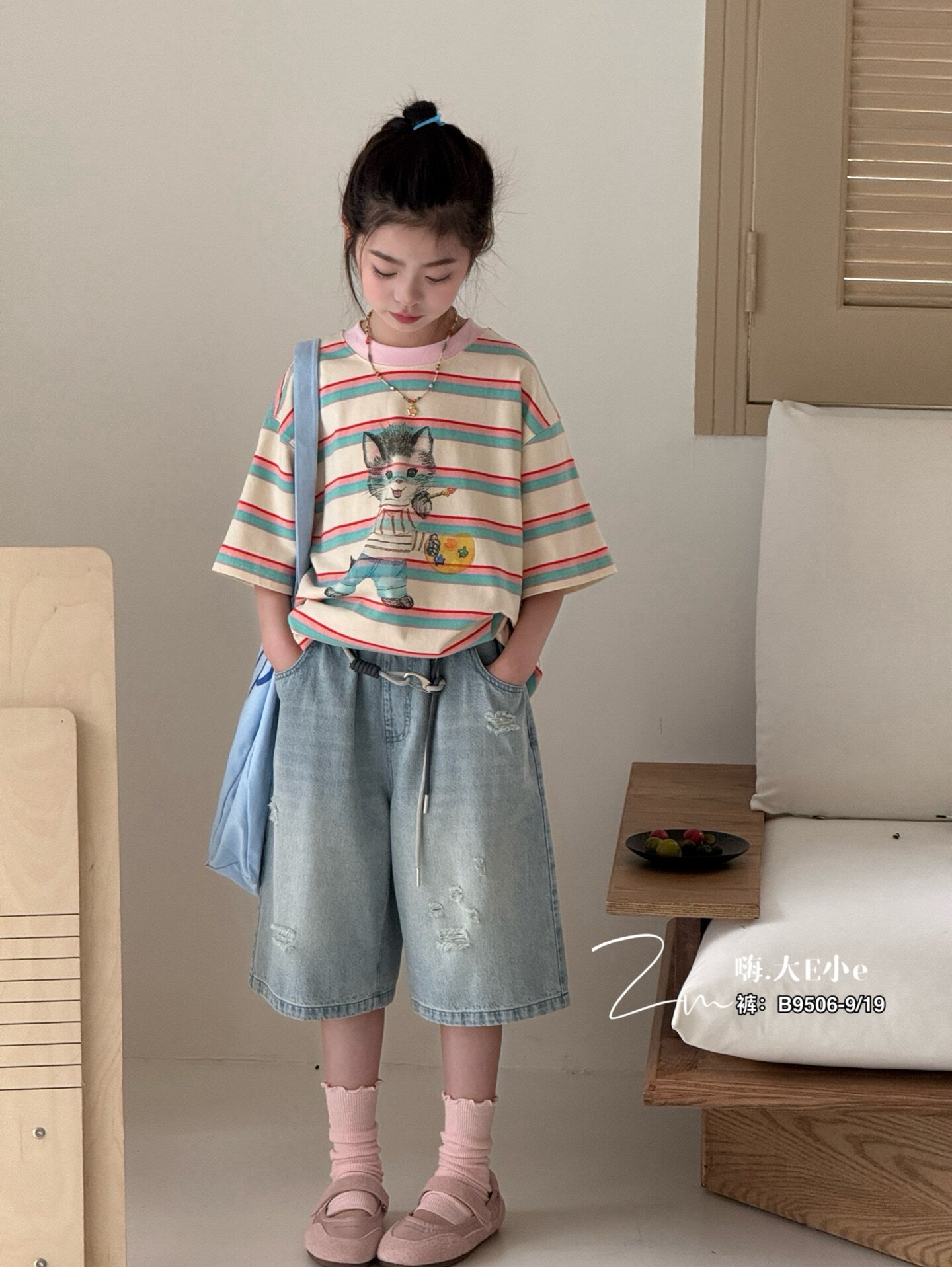 大E小e童装2026年夏款男女童韩版宽松破洞过膝牛仔短裤中裤