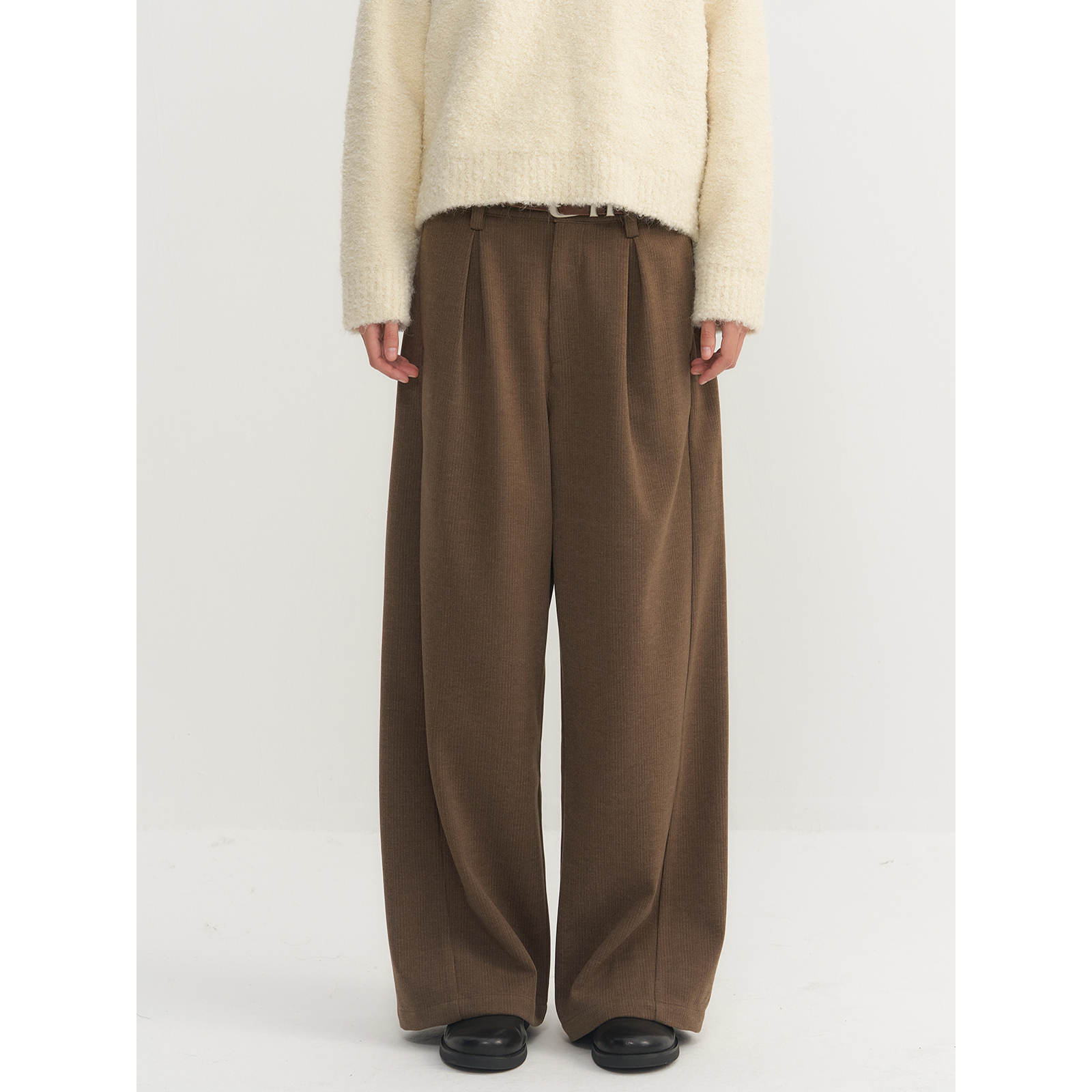 可乐生活CARPEM 麦穗纹理亲肤毛呢裤冬休闲复古分割垂感直筒西裤