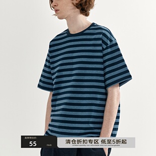 可乐生活CARPEM 夏季280g高密度定织海军蓝圆领条纹宽松短袖T恤
