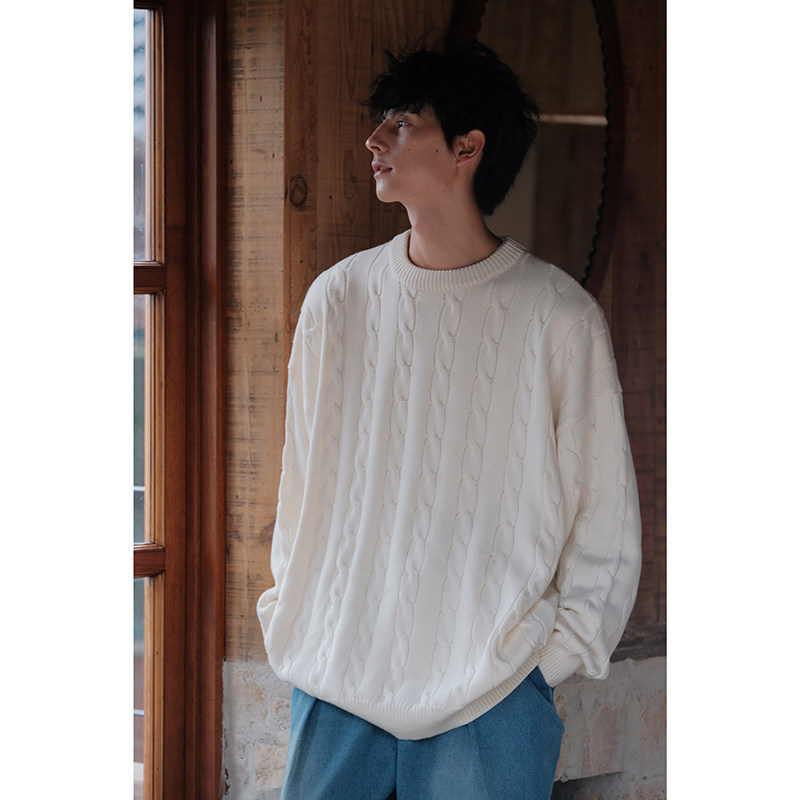 断码自制秋冬季抗起球北欧风圆领麻花毛衣日系复古宽松针织衫男女