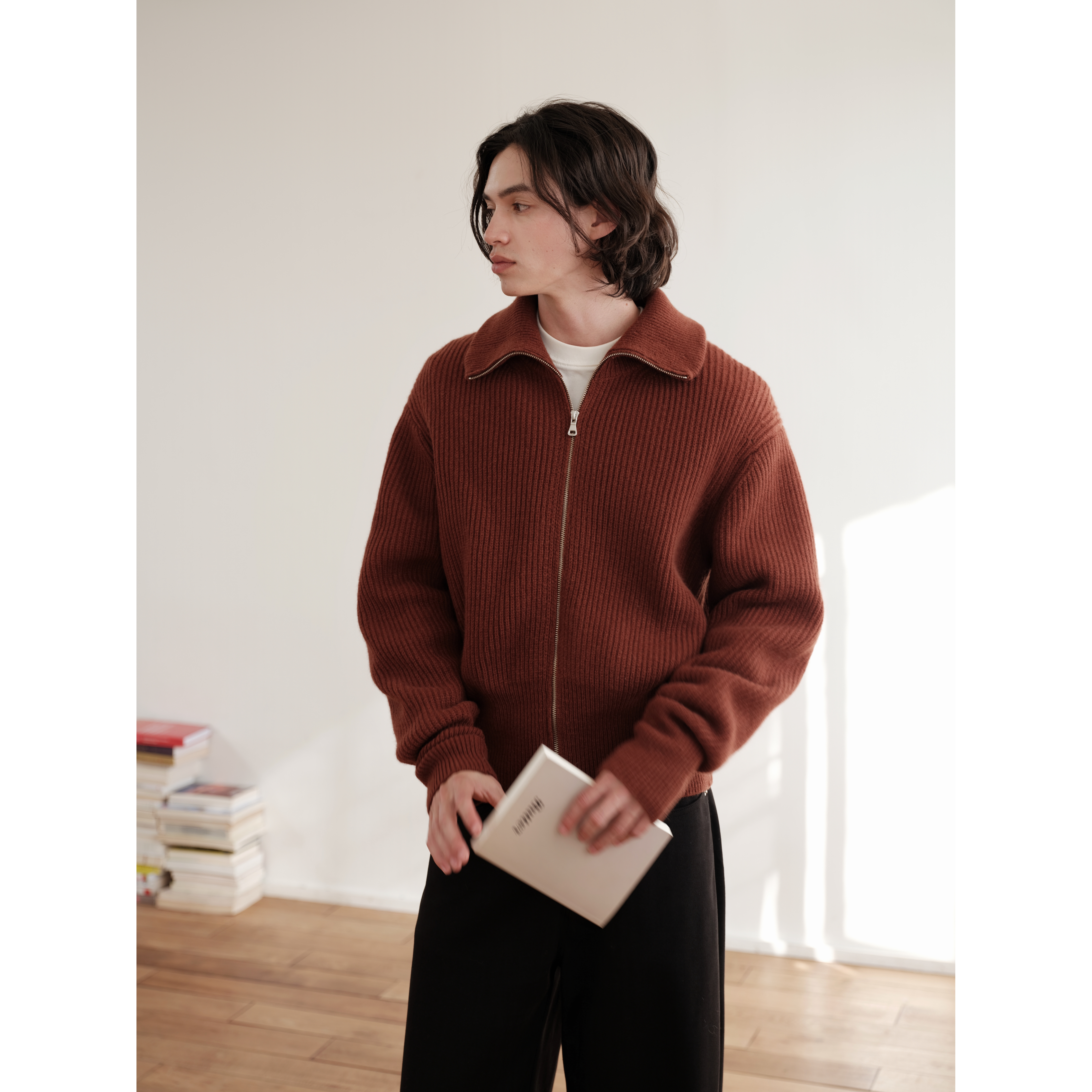 可乐生活CARPEM 100%全羊毛开衫冬季设计感翻领毛衣外套