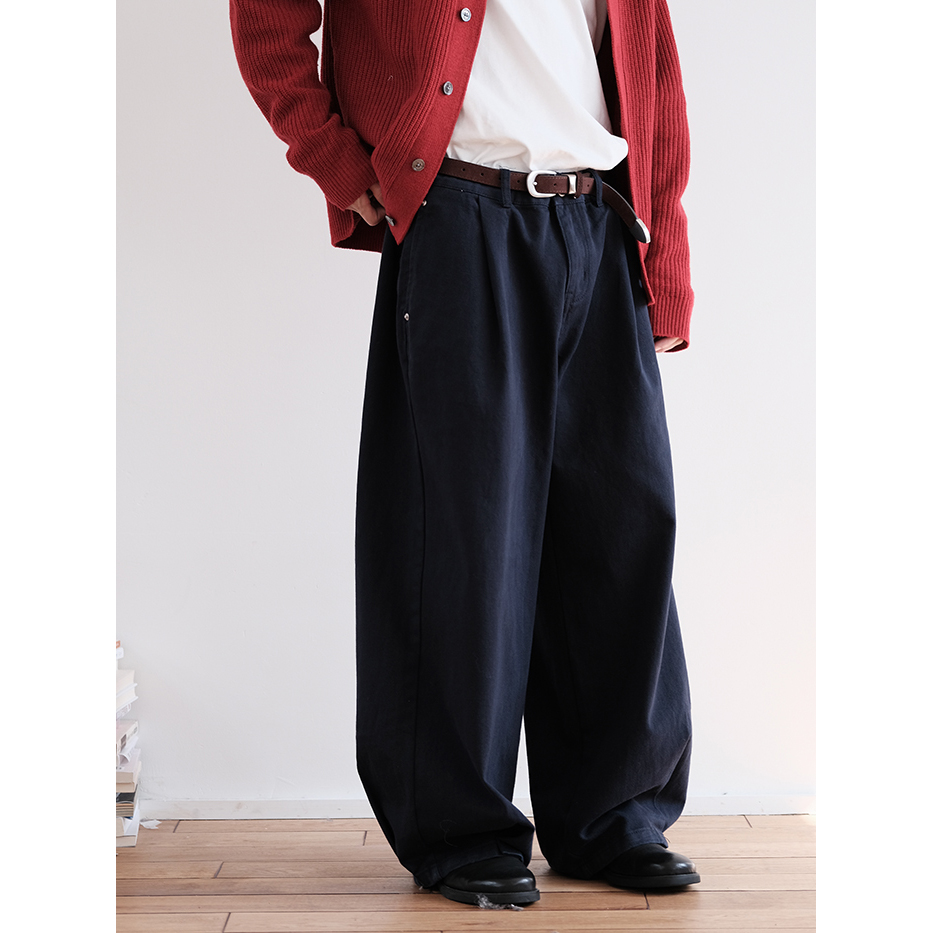 可乐生活CARPEM  100%棉深蓝色斜纹休闲裤冬季新款宽松阔腿长裤