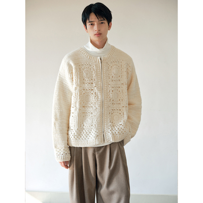可乐生活CARPEM 秋冬纯手工钩花20%羊毛镂空小众拉链毛衣外套男女
