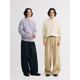 可乐生活CARPEM 绞花针织上衣 100%羊毛亨利领毛衣纯色慵懒风冬季