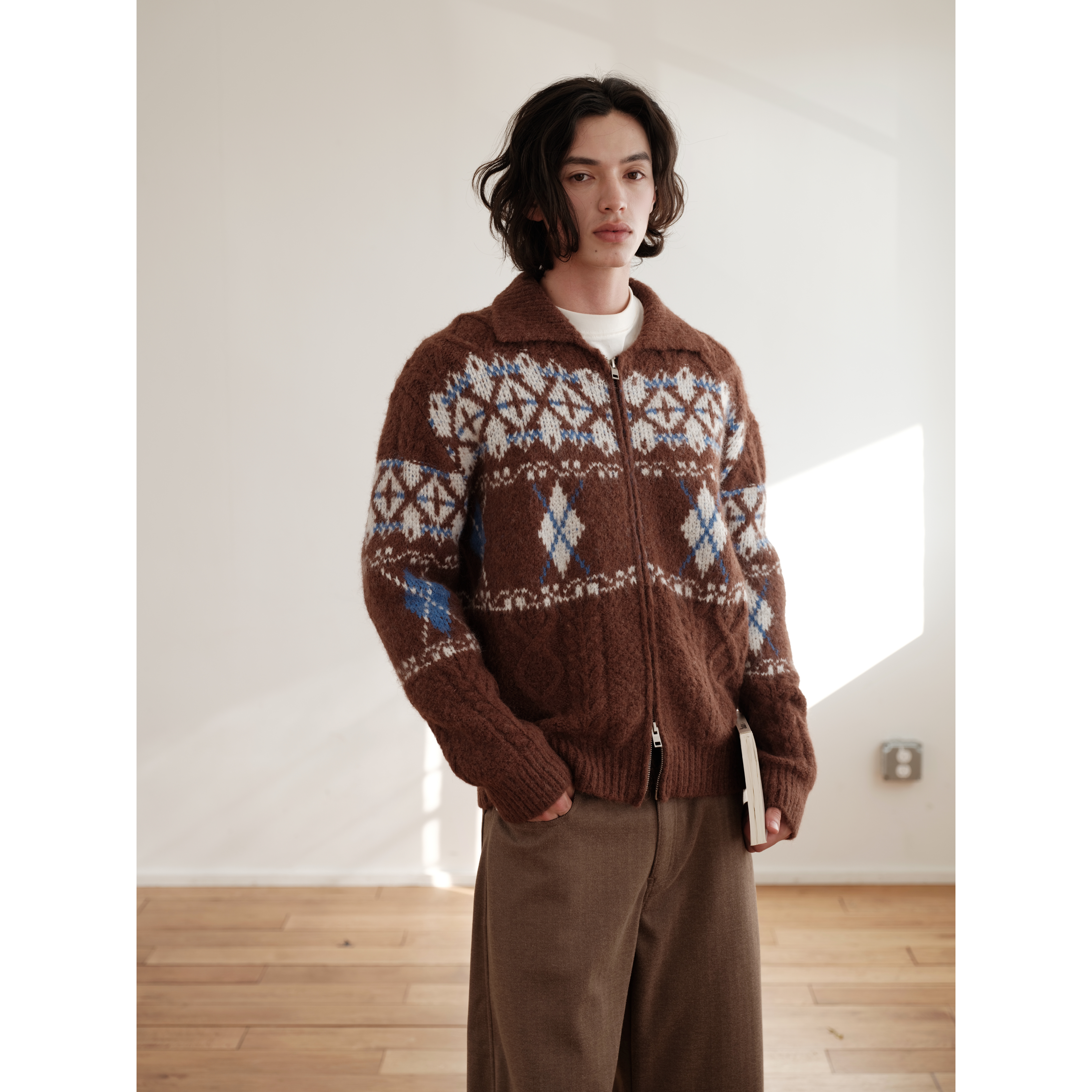 可乐生活CARPEM 提花费尔岛圆领毛衣冬季重磅复古小翻领针织外套