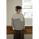 可乐生活自制 T恤男 复古长袖 秋季 300g纯棉条纹拼接下摆开叉美式