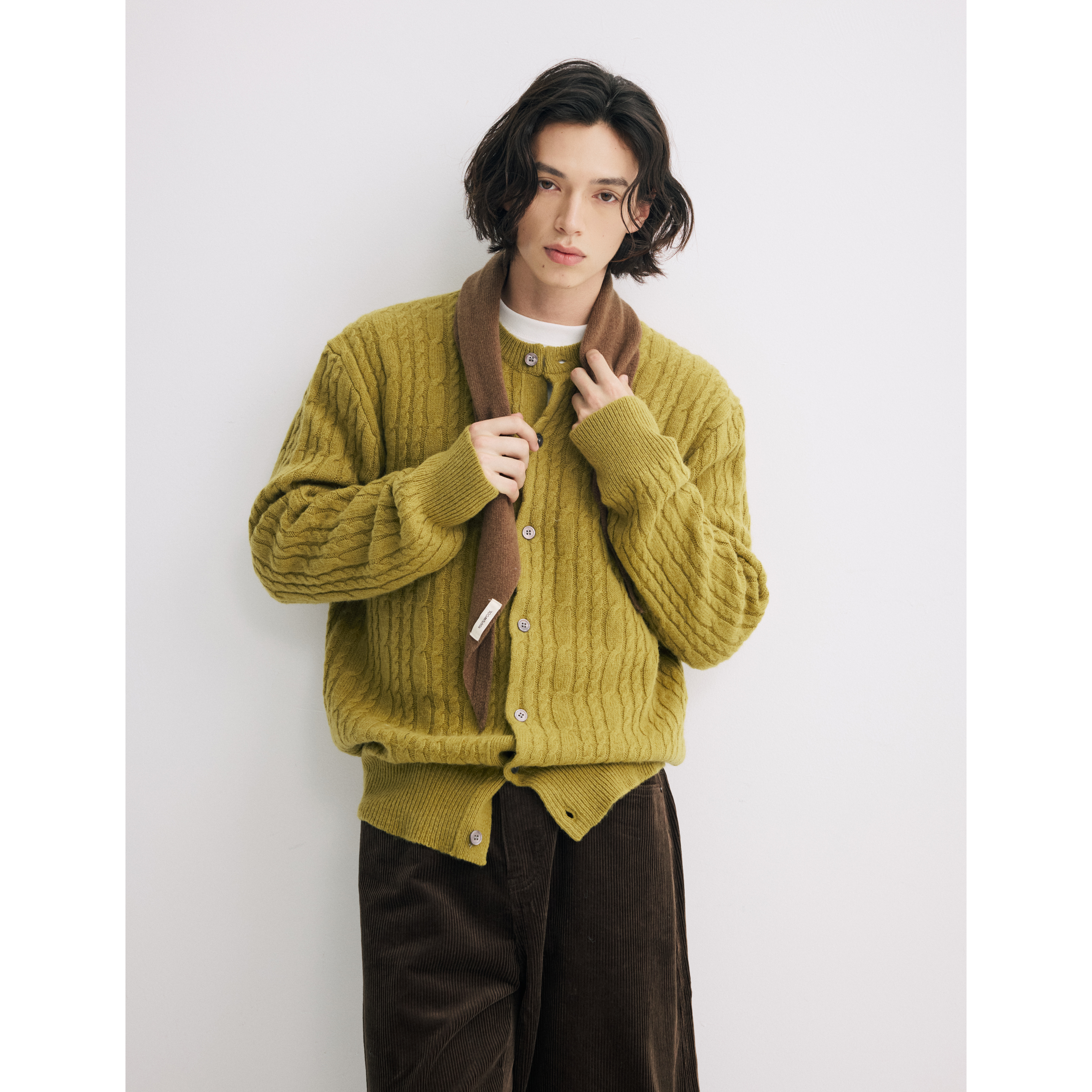 可乐生活CARPEM  100%羊毛定织染色麻花针织开衫慵懒感圆领毛衣冬