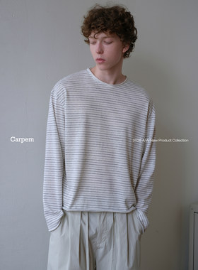 可乐生活CARPEM 秋季松弛感宽松慵懒卷边条纹圆领打底长袖T恤男女