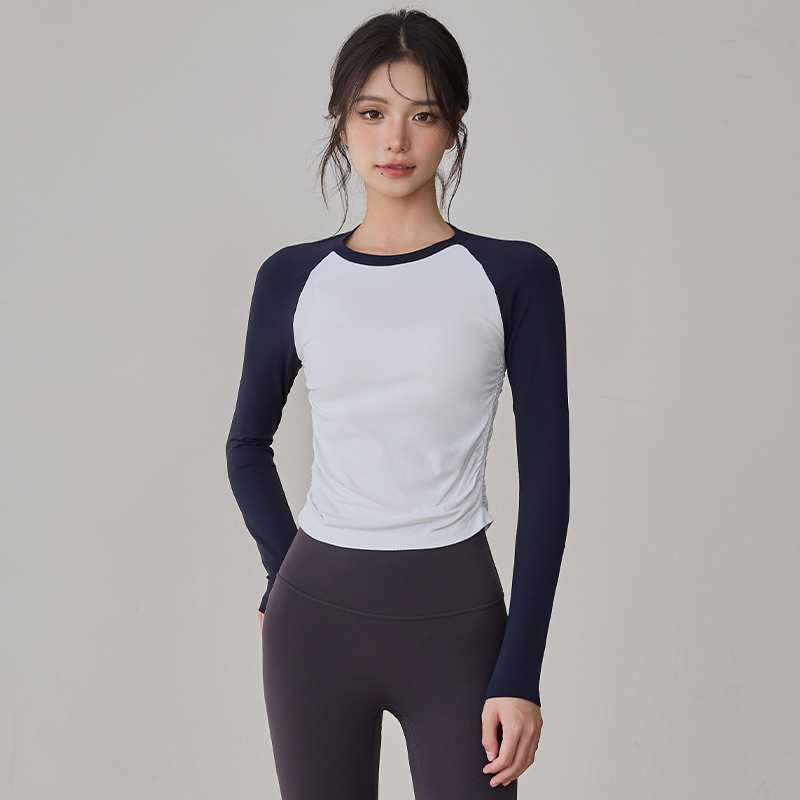 拼色瑜伽服女长袖紧身显瘦性感透气健身服跑步训练普拉提运动上衣