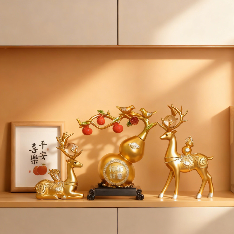新中式招财情侣梅花鹿摆件简约高档轻奢客厅金色一对酒柜装饰品
