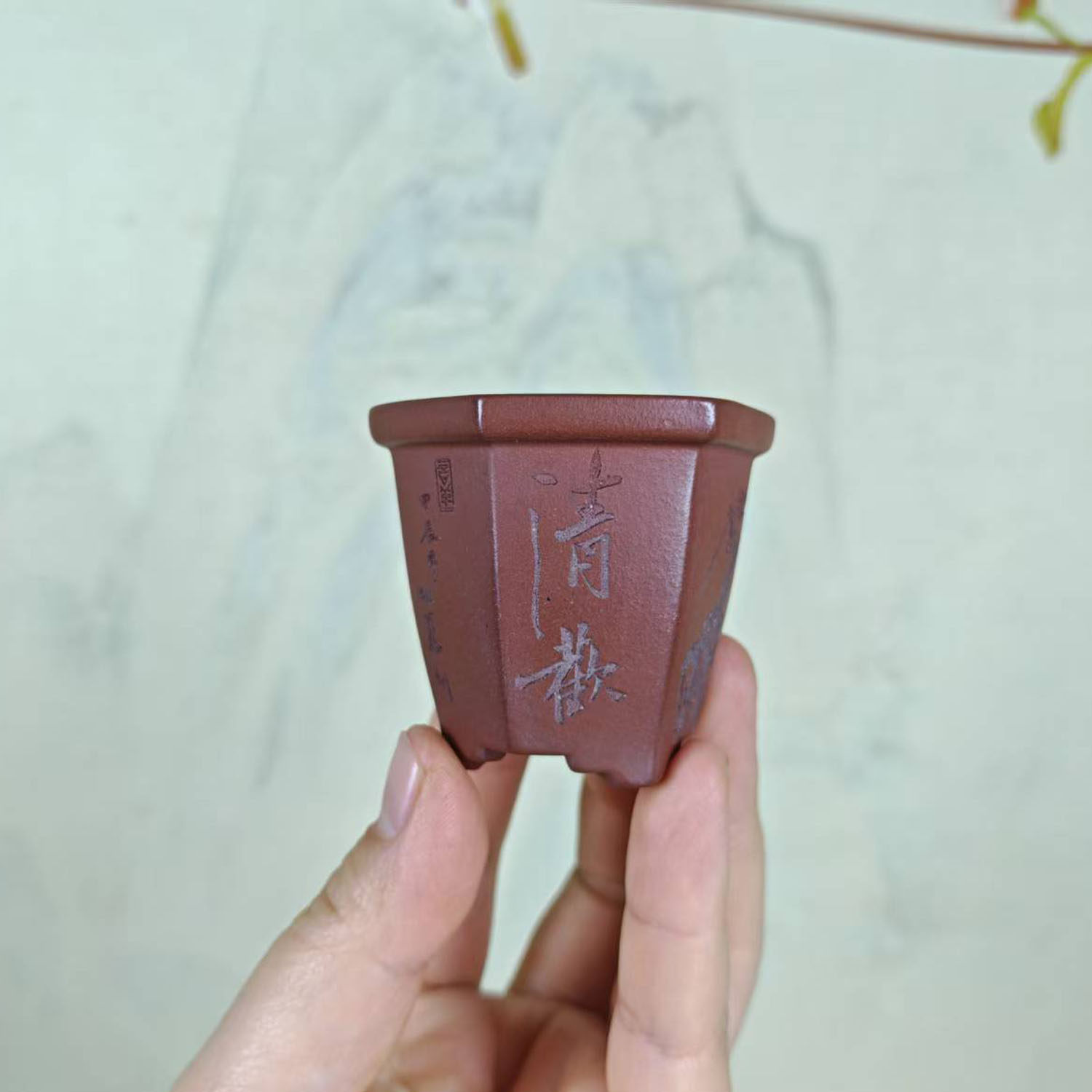 【山翠满春】宜兴紫砂手工菖蒲苔藓盆景六方签筒微型花盆 张可磊