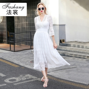 品牌撤柜白色减龄法式 纯棉蕾丝中长裙子 连衣裙高腰显瘦女神春夏款