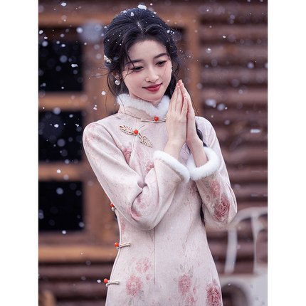 粉色旗袍新中式春冬妈妈小个子少女冬季大女童加厚加绒改良年轻款