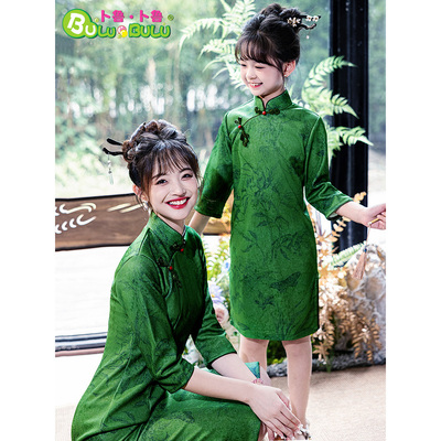 母女装茶艺服墨绿色高级感旗袍
