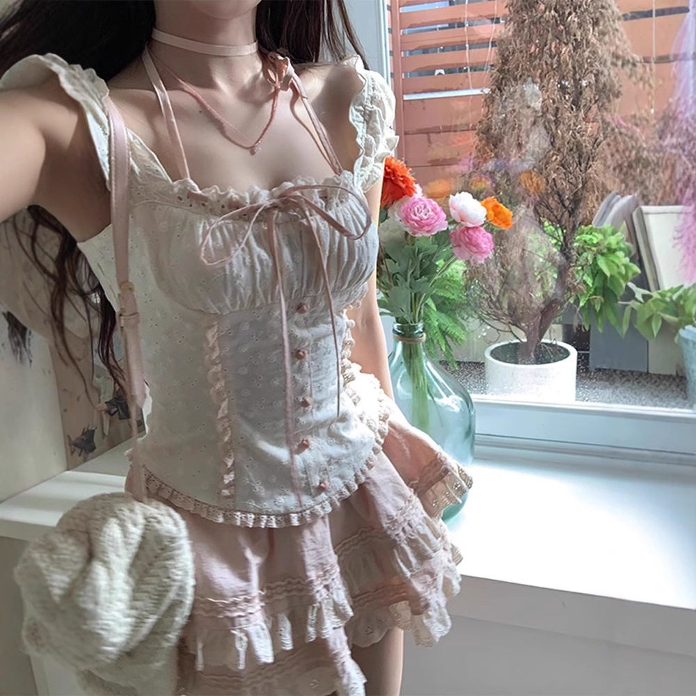 【十字末端】法式甜美花边修身上衣少女温柔风欲风套装蓬蓬半身裙