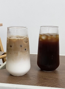 ins玻璃杯餐厅冷饮杯气泡水杯水果茶杯饮品杯耐热拿铁咖啡杯条纹