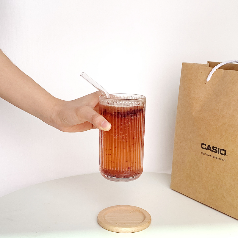 ins风透明竖条纹日系耐热玻璃杯