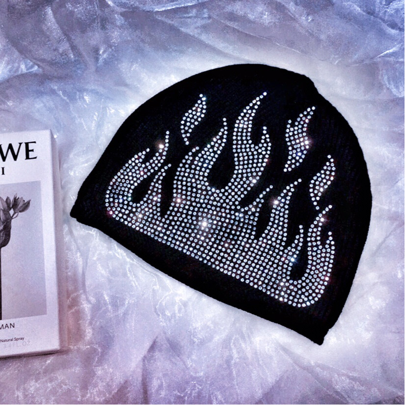 定制秋冬潮款小众火焰冷帽超闪水钻满钻帽毛线保暖帽针织帽情侣帽