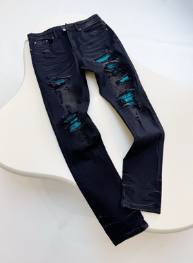 蓝色爆款高街牛仔裤修身弹力水洗刀割破洞长裤FOG高街男潮小脚裤