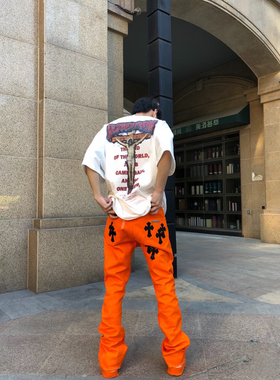 美式街头重磅宽松微八十字架男女同款橙色牛仔裤嘻哈炸街百搭长裤