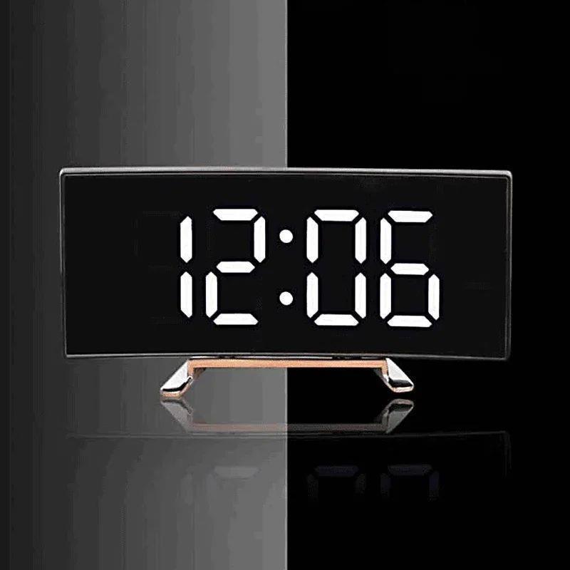LED Digital Alarm Clock Curved Screen Mirror Silent Electron