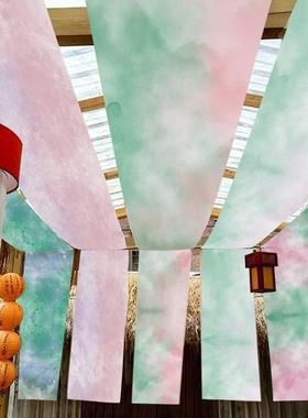 唯美彩色纱幔幼儿园环创水墨古风氛围布置背景墙装饰新中式绿色纱