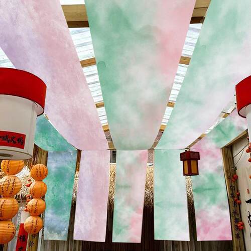 唯美彩色纱幔幼儿园环创水墨古风氛围布置背景墙装饰新中式绿色纱