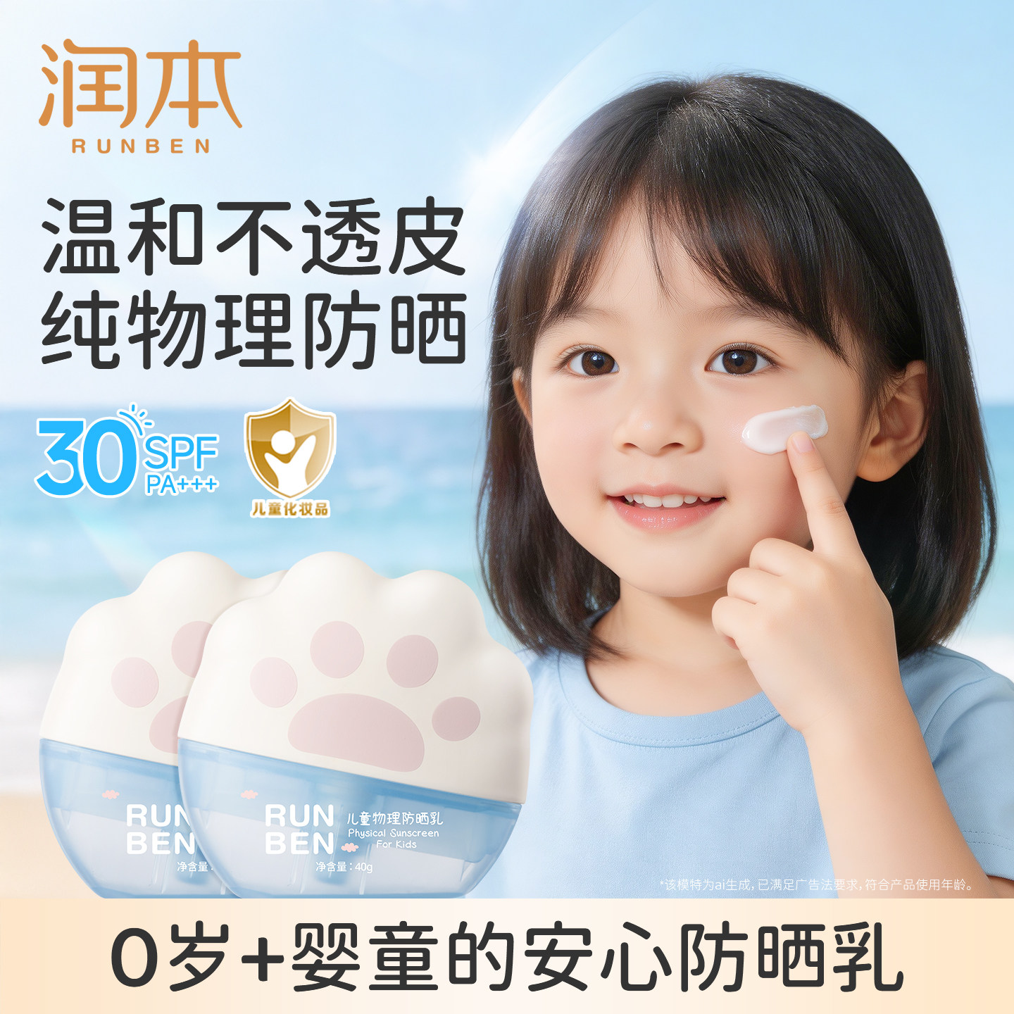 润本儿童防晒霜婴儿宝宝敏肌专用物理防晒乳隔离紫外线官方正品