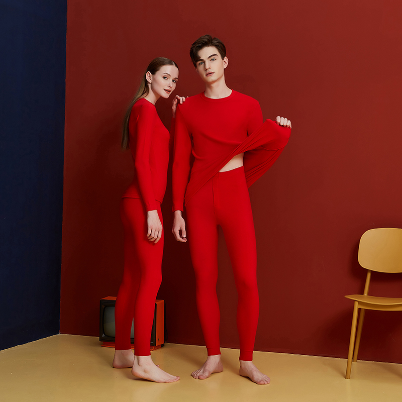 德绒无痕保暖内衣加绒加厚男士本命年结婚红色紧身秋衣秋裤套装女