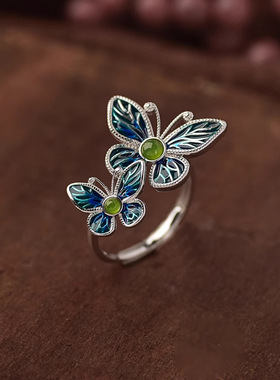 镀925银新品新式碧玉蝴蝶戒指女