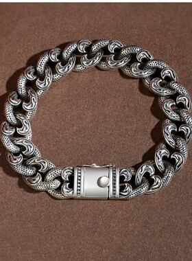 镀925银嘻哈男潮霸气个性宽版扁链复古潮首饰爱心藤纹手链