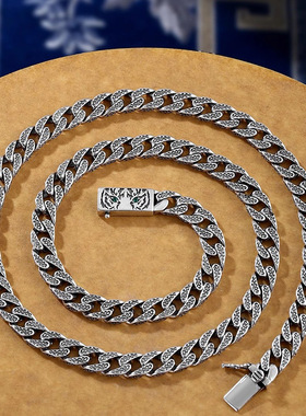 镀925银虎纹古巴项链男士个性潮时尚in嘻哈粗款霸气毛衣链