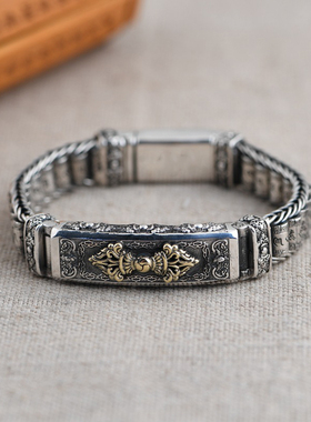 金刚潮流时尚镀925银手链霸气个性复古六字真言转经手链不转动款