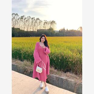 【两件套】秋冬奶糯风毛衣玫红色针织外套女装+长袖连裙韩剧穿搭