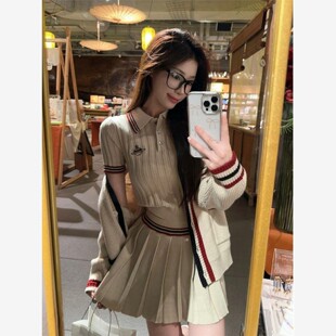 单件/套装覆古撞色针织开衫毛衣女长袖外套秋季a字百褶半身裙子